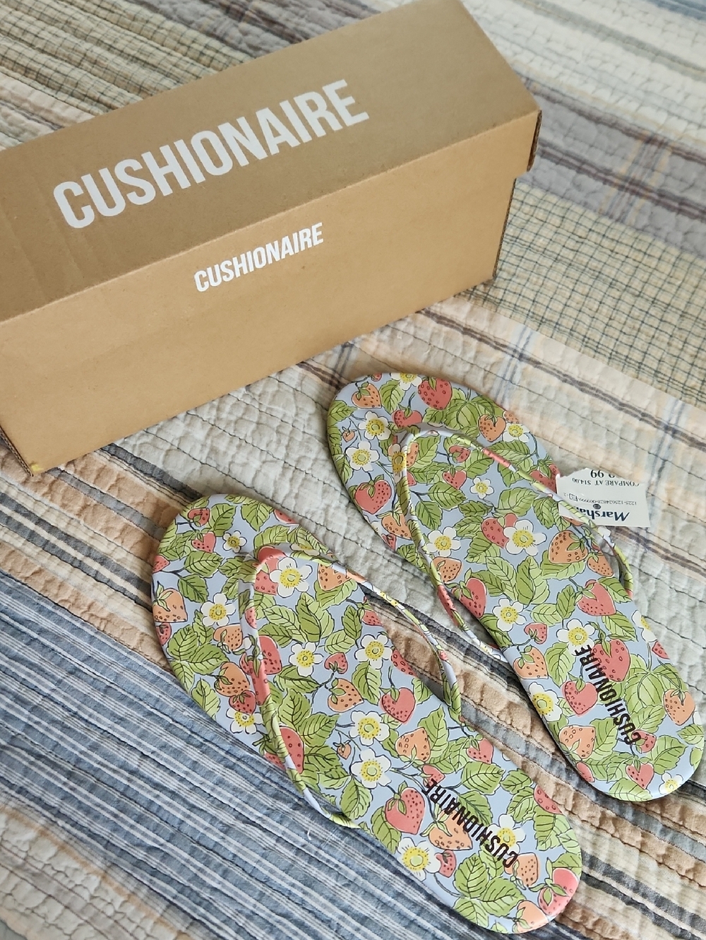Cushionaire Women's Strawberry Floral Flip Flops - Green
